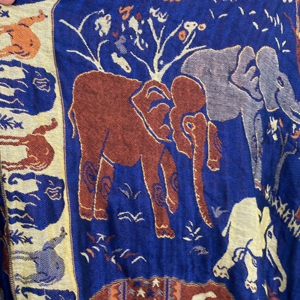 Cashmere Scarf Wrap Brown and Blue w/ Elephant and Camel novelty print 64” x 24” - Picture 3 of 6
